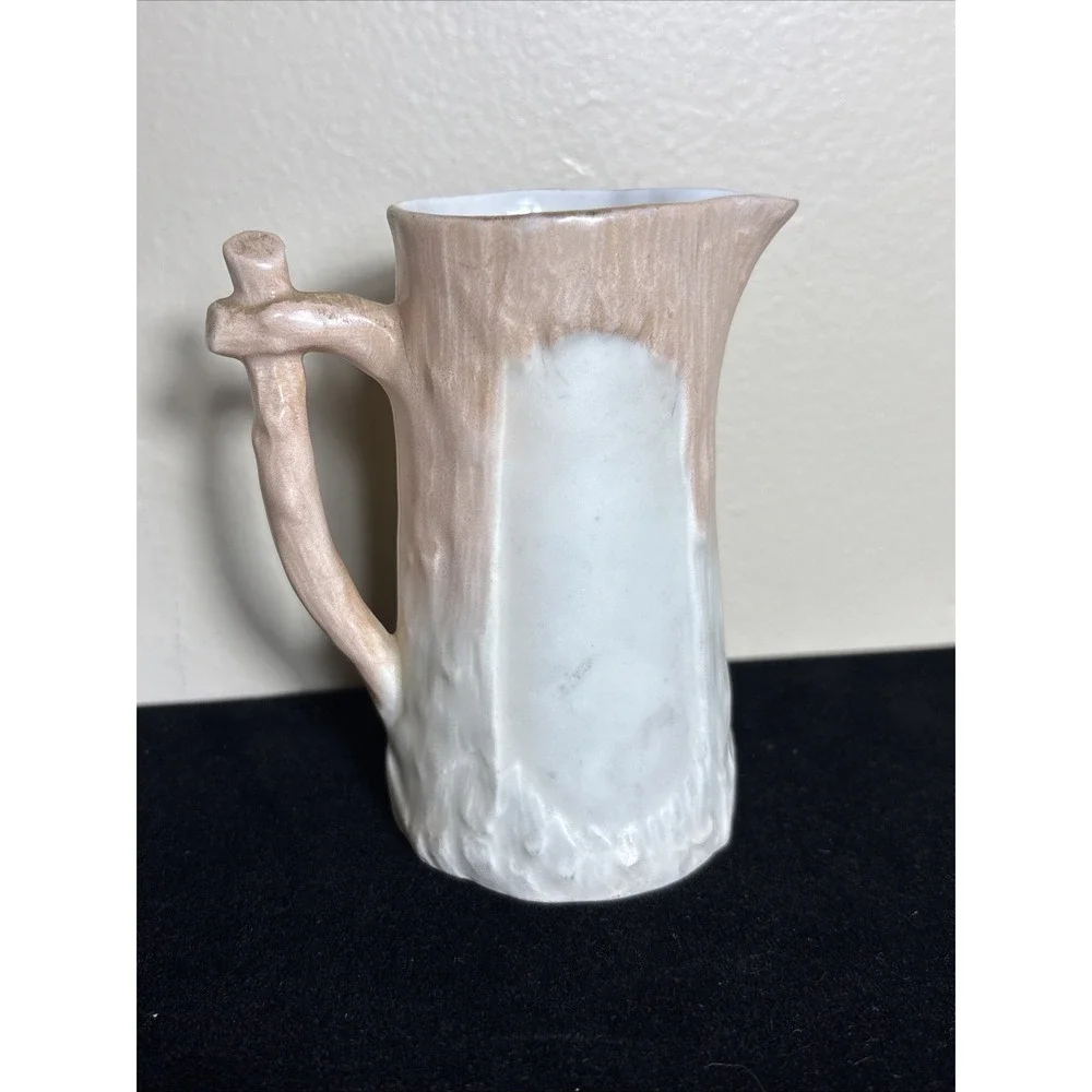 Vintage Tree Trunk Flowers Porcelain Creamer With Branch Handle  Pinkish Peach